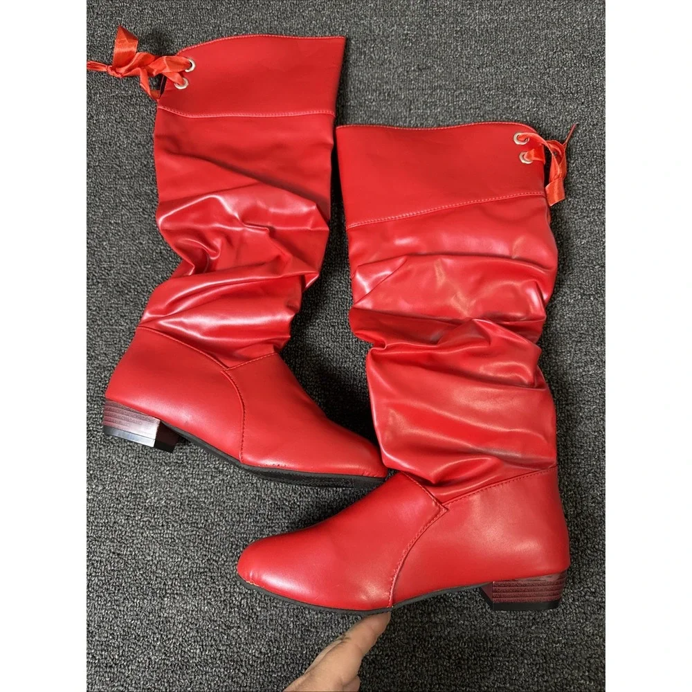 Women's Pull On Knee High Boots RED Shiny Faux Leather w/Decorative Ties 39 1109